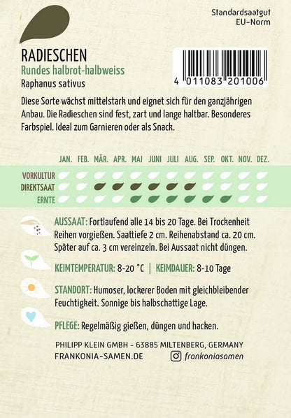 Rückseite der Verpackung des Saatgutes Radies, Rundes halbrot- halbweiss der Firma Frankonia Samen von ihrgartenberater.de