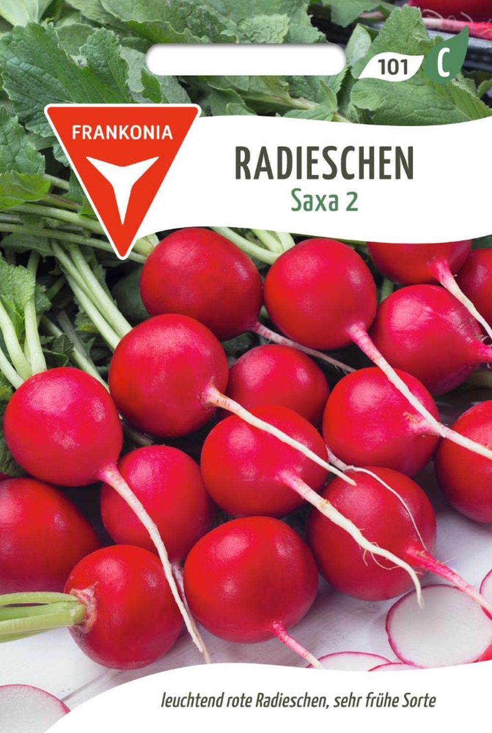 Vorderseite der Verpackung des Saatgutes Radies, Saxa 2 der Firma Frankonia Samen von ihrgartenberater.de