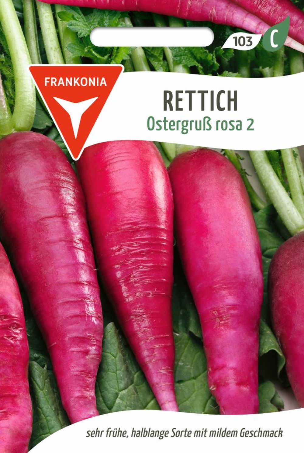 Vorderseite der Verpackung des Saatgutes Rettich, Ostergruß rosa der Firma Frankonia Samen von ihrgartenberater.de