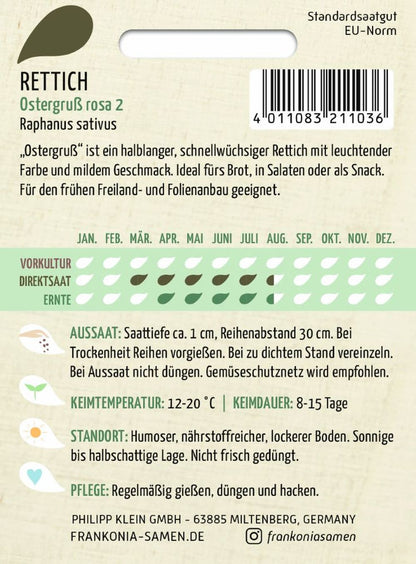 Rückseite der Verpackung des Saatgutes Rettich, Ostergruß rosa der Firma Frankonia Samen von ihrgartenberater.de