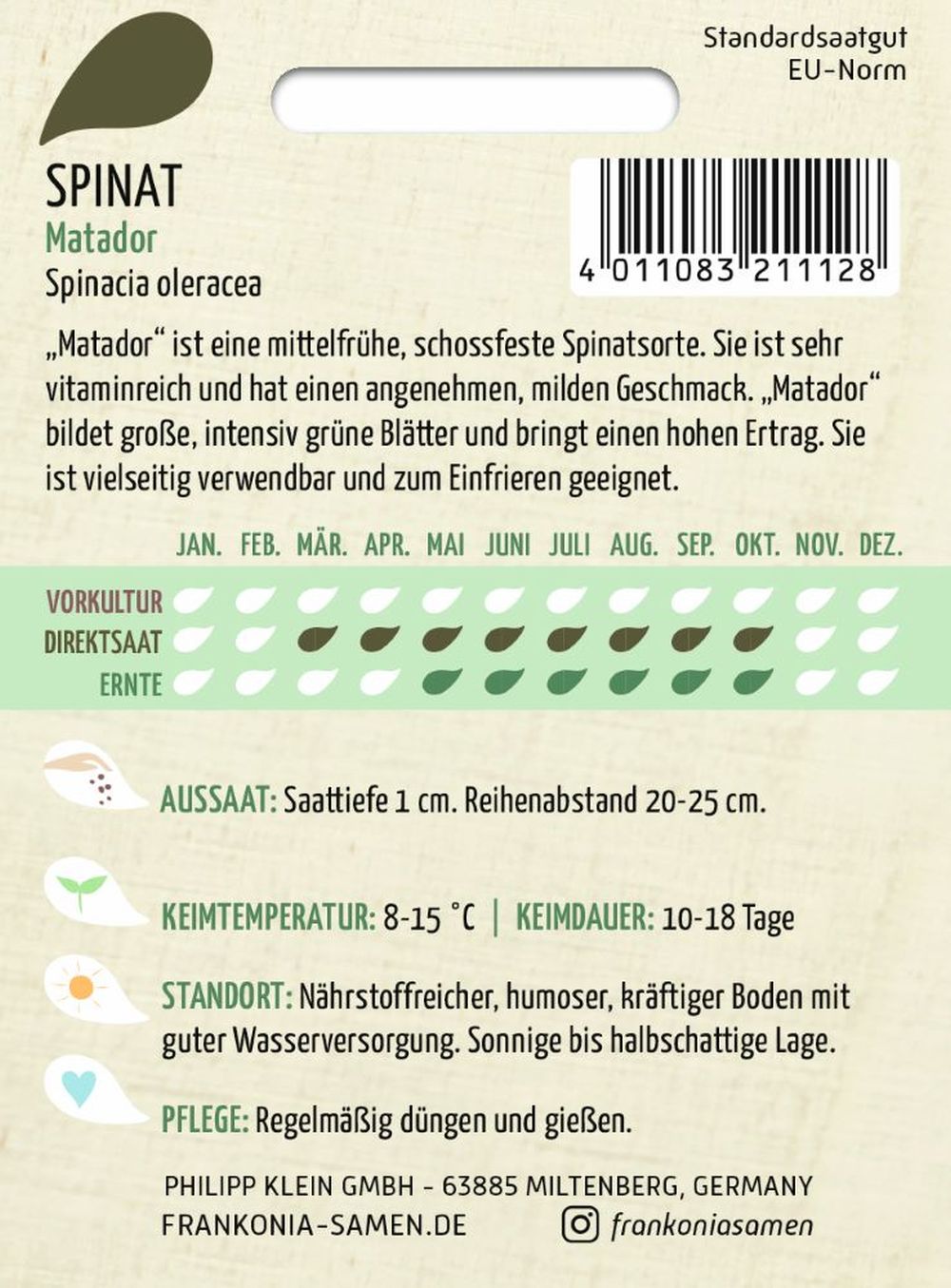 Rückseite der Verpackung des Saatgutes Spinat, Matador Kleinpackung der Firma Frankonia Samen von ihrgartenberater.de