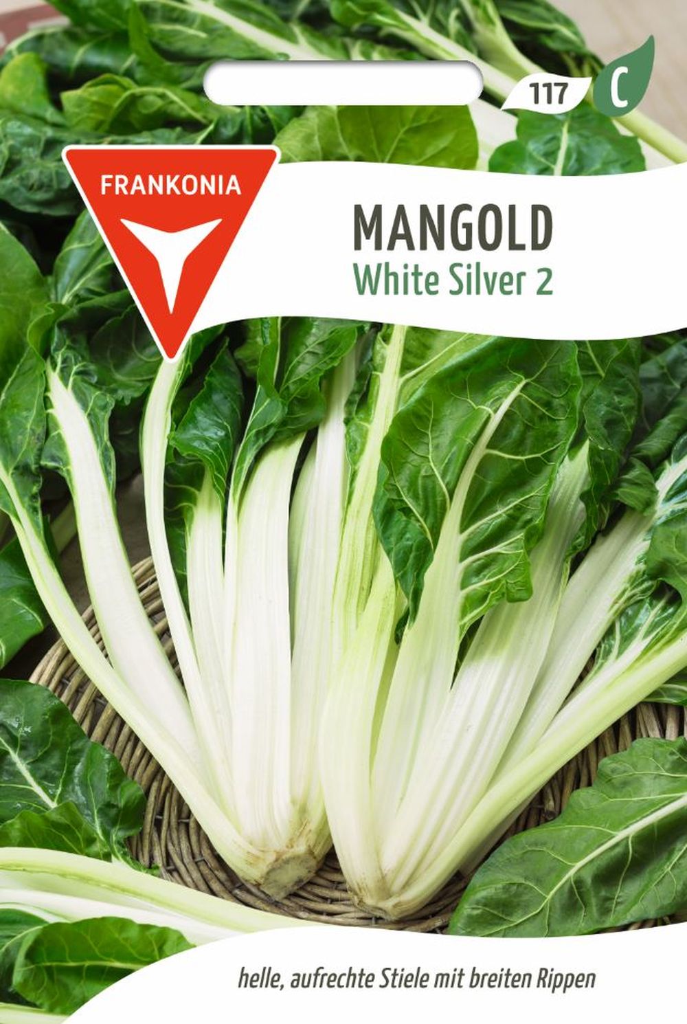 Vorderseite der Verpackung des Saatgutes Mangold, White Silver 2 der Firma Frankonia Samen von ihrgartenberater.de