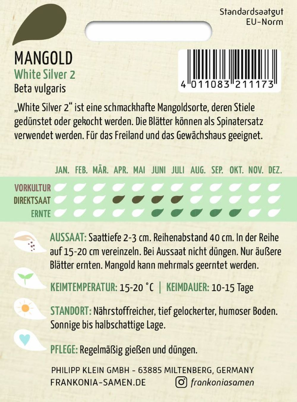 Rückseite der Verpackung des Saatgutes Mangold, White Silver 2 der Firma Frankonia Samen von ihrgartenberater.de