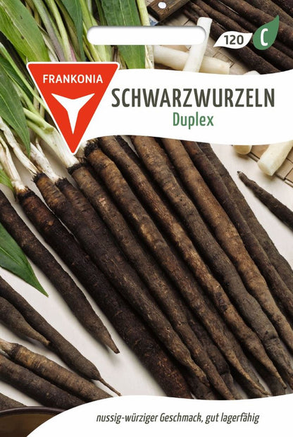 Vorderseite der Verpackung des Saatgutes Schwarzwurzeln, Duplex der Firma Frankonia Samen von ihrgartenberater.de