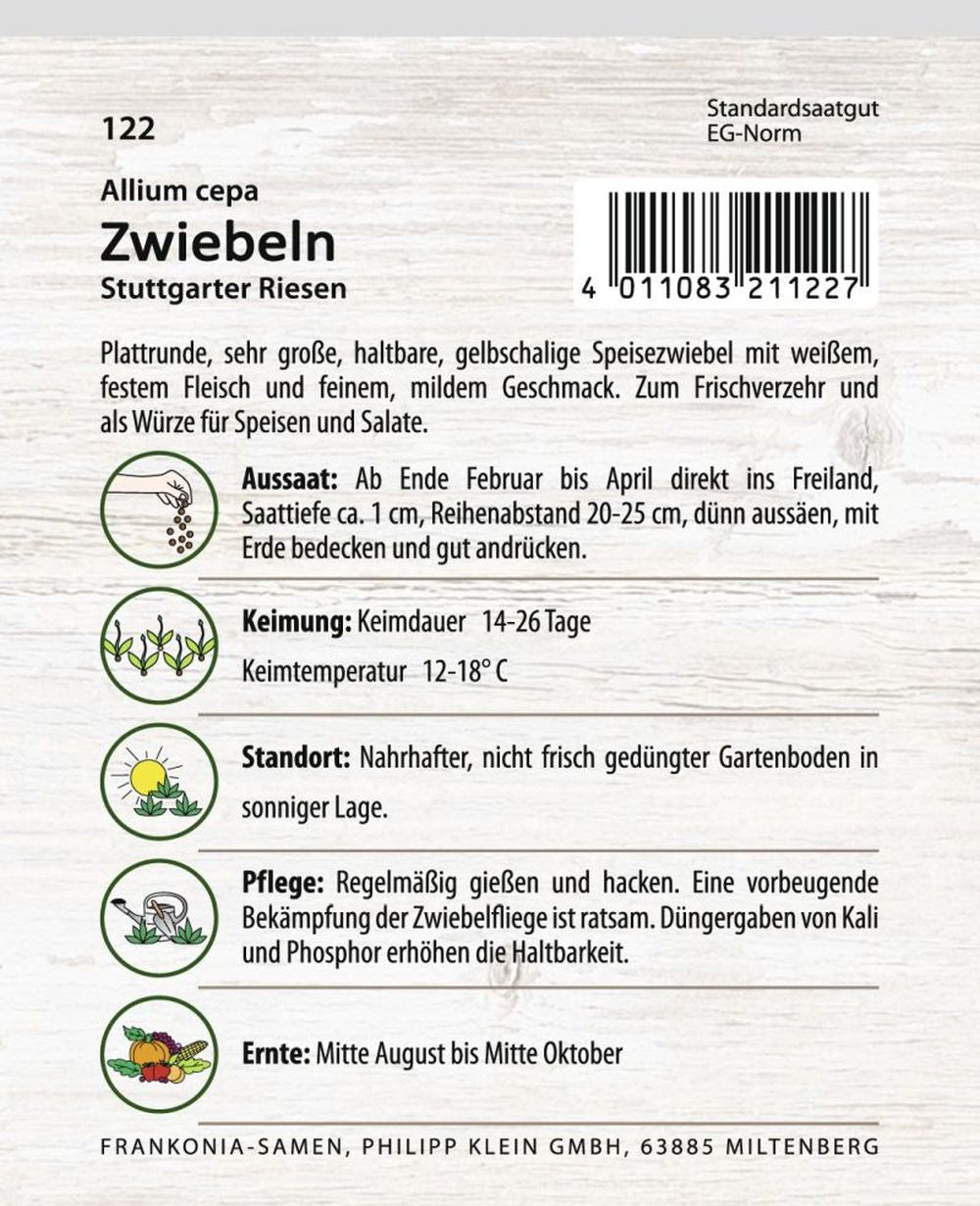 Rückseite der Verpackung des Saatgutes Zwiebelsamen, Stuttgarter Riesen der Firma Frankonia Samen von ihrgartenberater.de