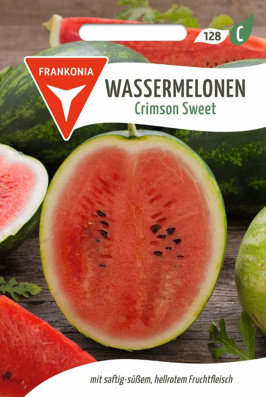 Vorderseite der Verpackung des Saatgutes Wassermelone, Crimson Sweet der Firma Frankonia Samen von ihrgartenberater.de