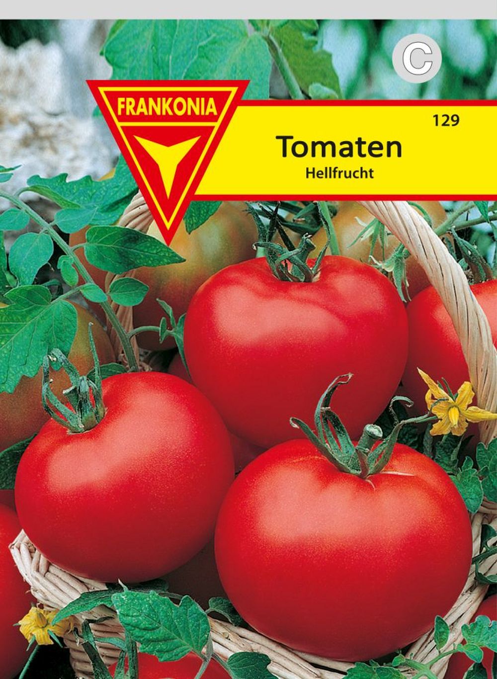 Vorderseite der Verpackung des Saatgutes Stabtomate, Hellfrucht der Firma Frankonia Samen von ihrgartenberater.de