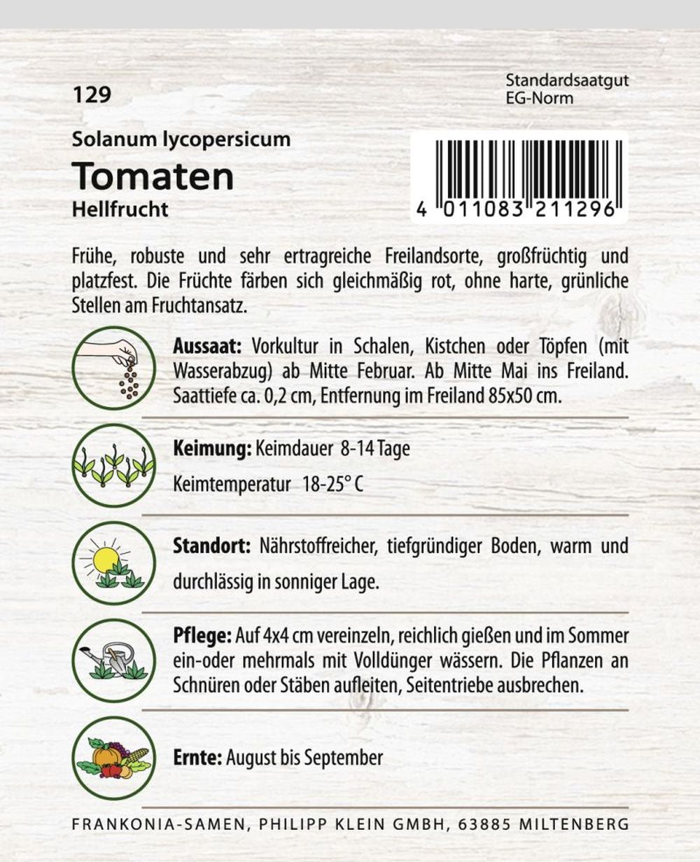 Rückseite der Verpackung des Saatgutes Stabtomate, Hellfrucht der Firma Frankonia Samen von ihrgartenberater.de