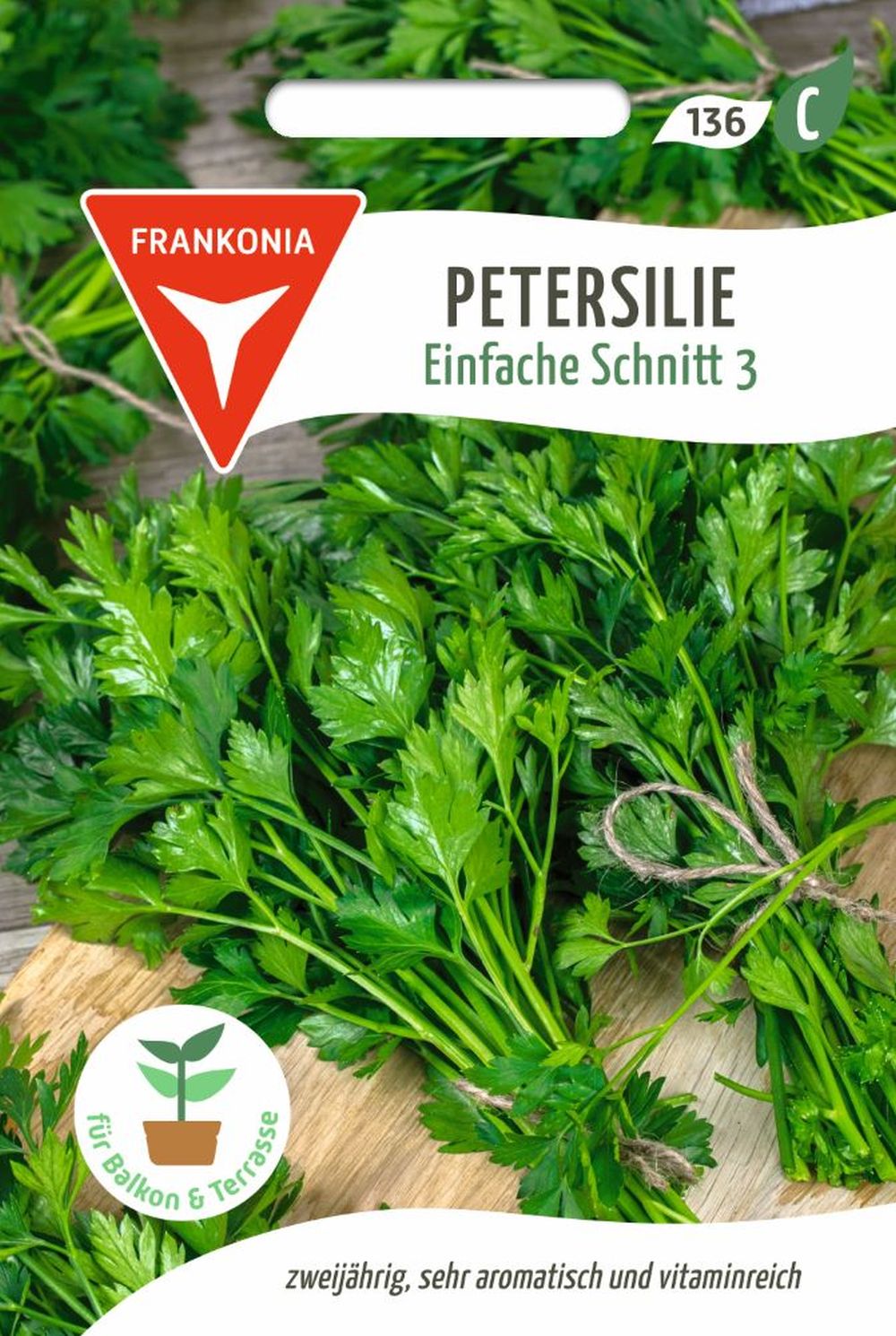 Vorderseite der Verpackung des Saatgutes Petersilie, Einfache Schnitt 3 der Firma Frankonia Samen von ihrgartenberater.de