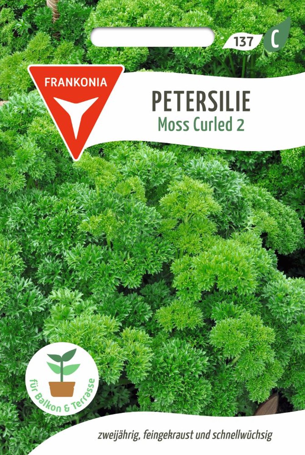 Vorderseite der Verpackung des Saatgutes Petersillie, Moss Curled 2 Kleinpackung der Firma Frankonia Samen von ihrgartenberater.de