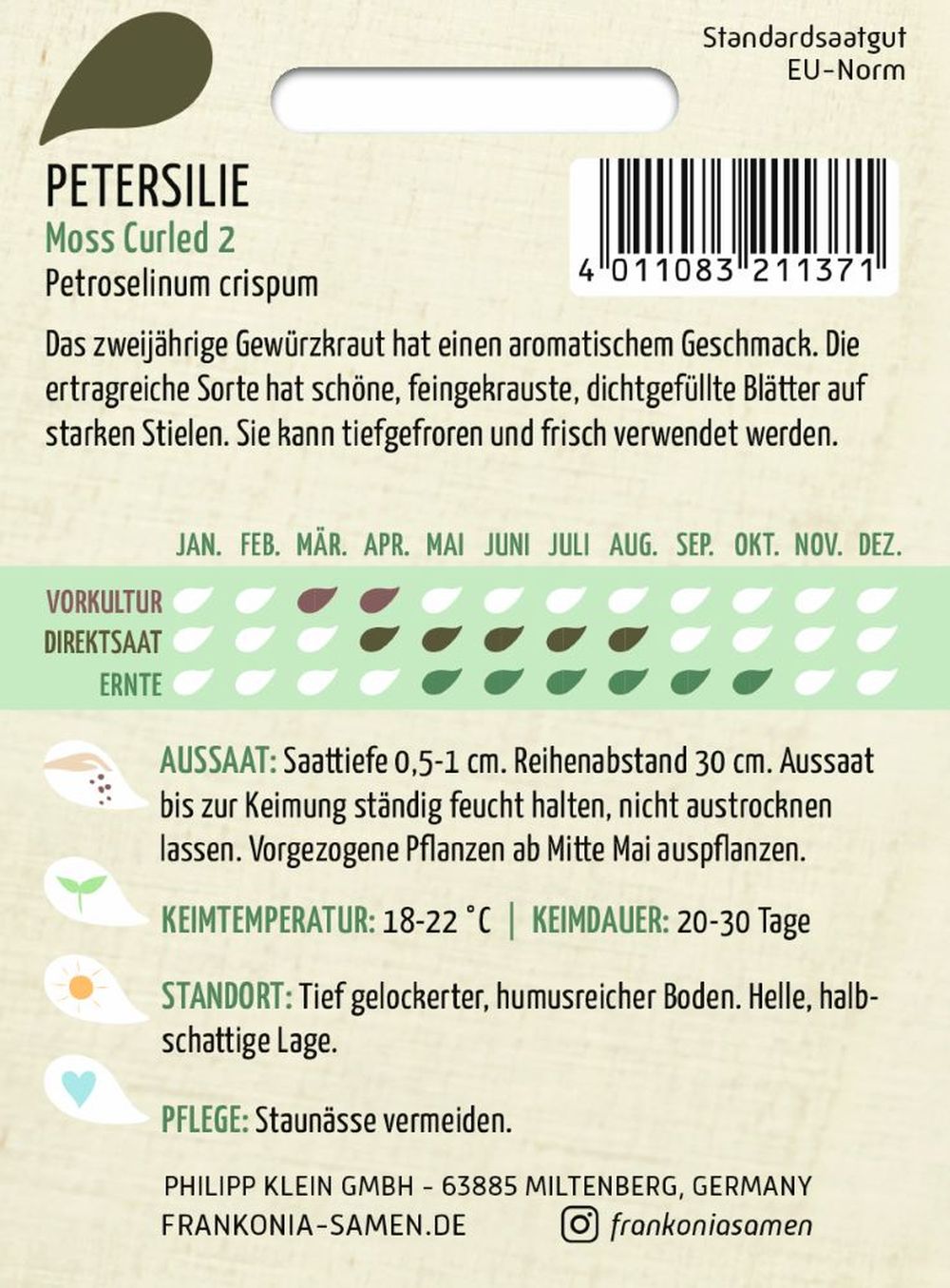 Rückseite der Verpackung des Saatgutes Petersillie, Moss Curled 2 Kleinpackung der Firma Frankonia Samen von ihrgartenberater.de