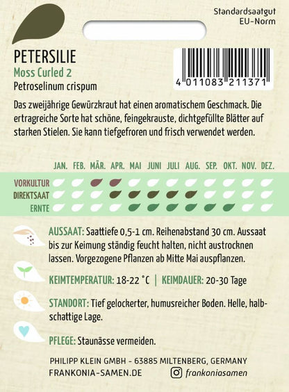 Rückseite der Verpackung des Saatgutes Petersillie, Moss Curled 2 Kleinpackung der Firma Frankonia Samen von ihrgartenberater.de