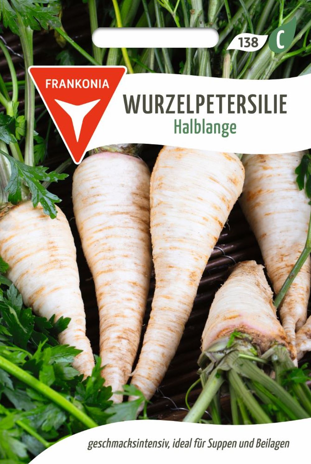 Vorderseite der Verpackung des Saatgutes Wurzelpetersilie, Halblange der Firma Frankonia Samen von ihrgartenberater.de