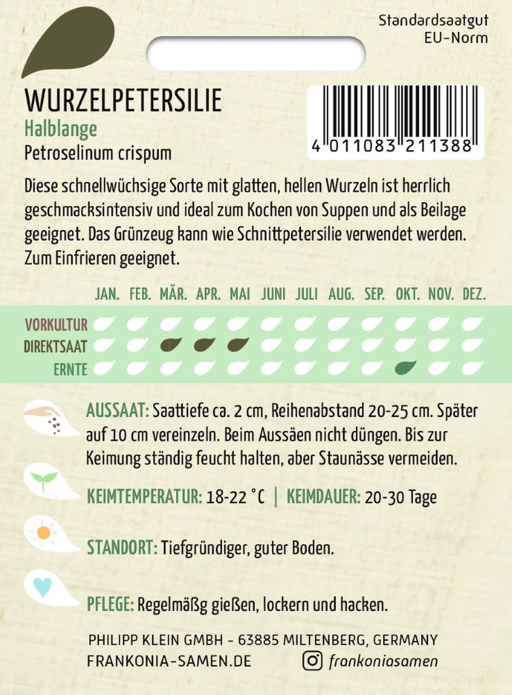 Rückseite der Verpackung des Saatgutes Wurzelpetersilie, Halblange der Firma Frankonia Samen von ihrgartenberater.de