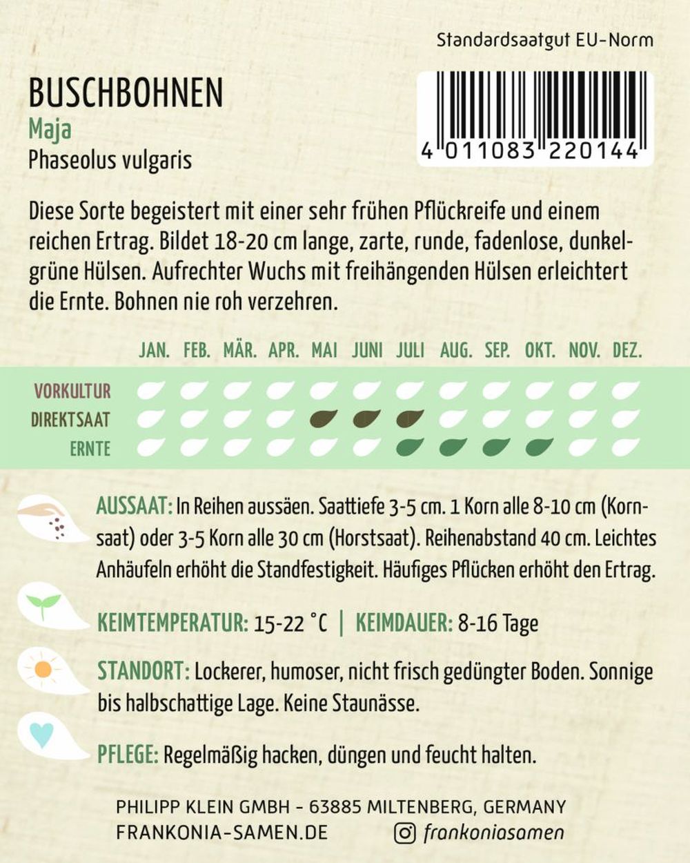 Rückseite der Verpackung des Saatgutes Buschbohne, Maja der Firma Frankonia Samen von ihrgartenberater.de