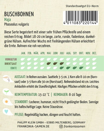 Rückseite der Verpackung des Saatgutes Buschbohne, Maja der Firma Frankonia Samen von ihrgartenberater.de