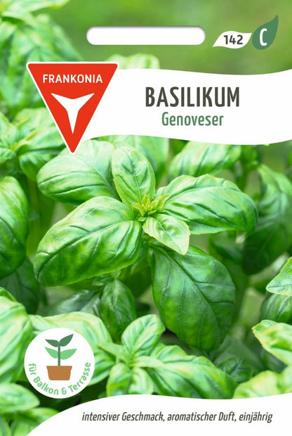 Vorderseite der Verpackung des Saatgutes Basilikum, Genoveser der Firma Frankonia Samen von ihrgartenberater.de