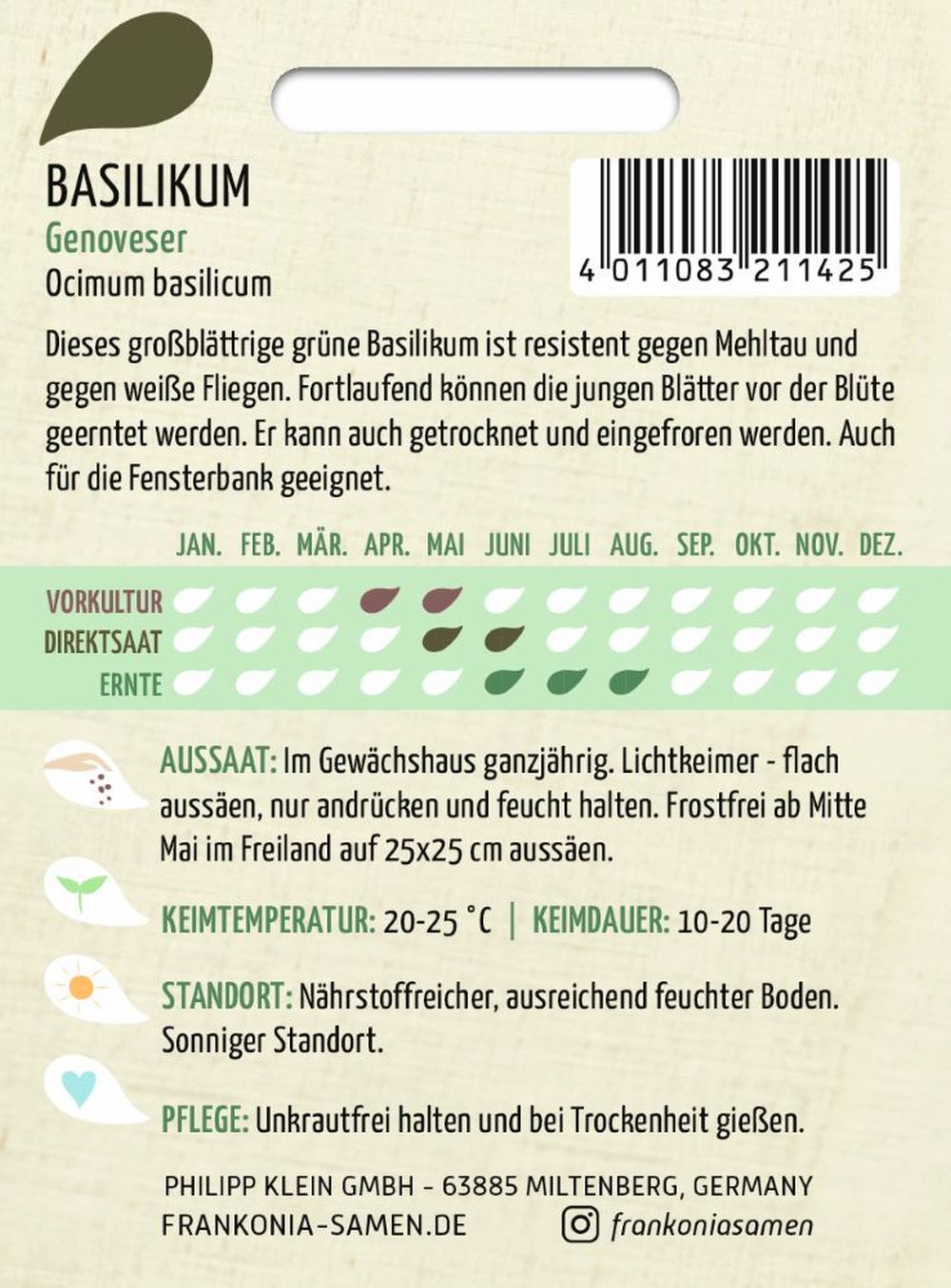 Rückseite der Verpackung des Saatgutes Basilikum, Genoveser der Firma Frankonia Samen von ihrgartenberater.de