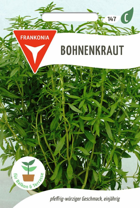 Vorderseite der Verpackung des Saatgutes Bohnen- oder Pfefferkraut der Firma Frankonia Samen von ihrgartenberater.de