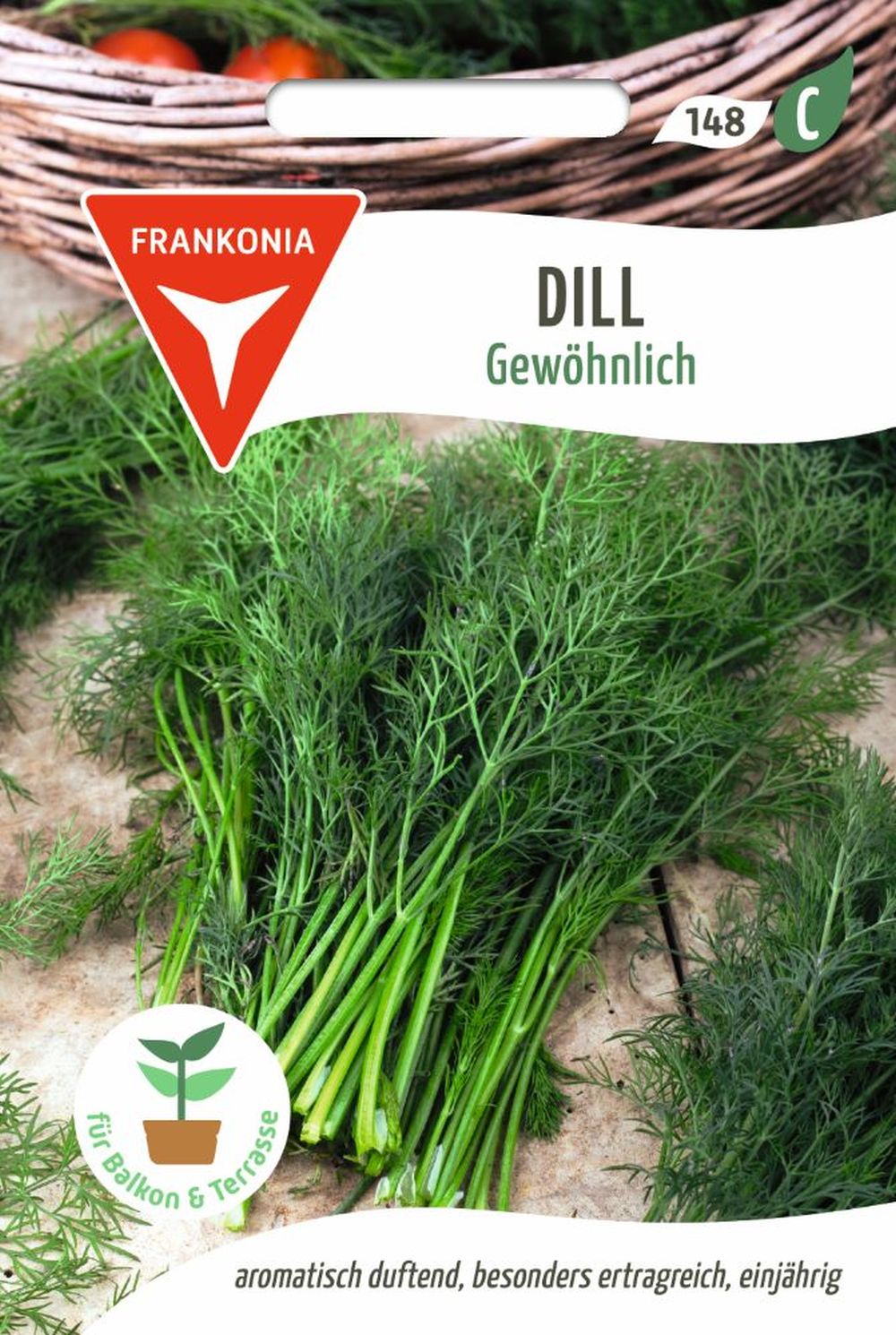 Vorderseite der Verpackung des Saatgutes Dill, Gewöhnlich der Firma Frankonia Samen von ihrgartenberater.de