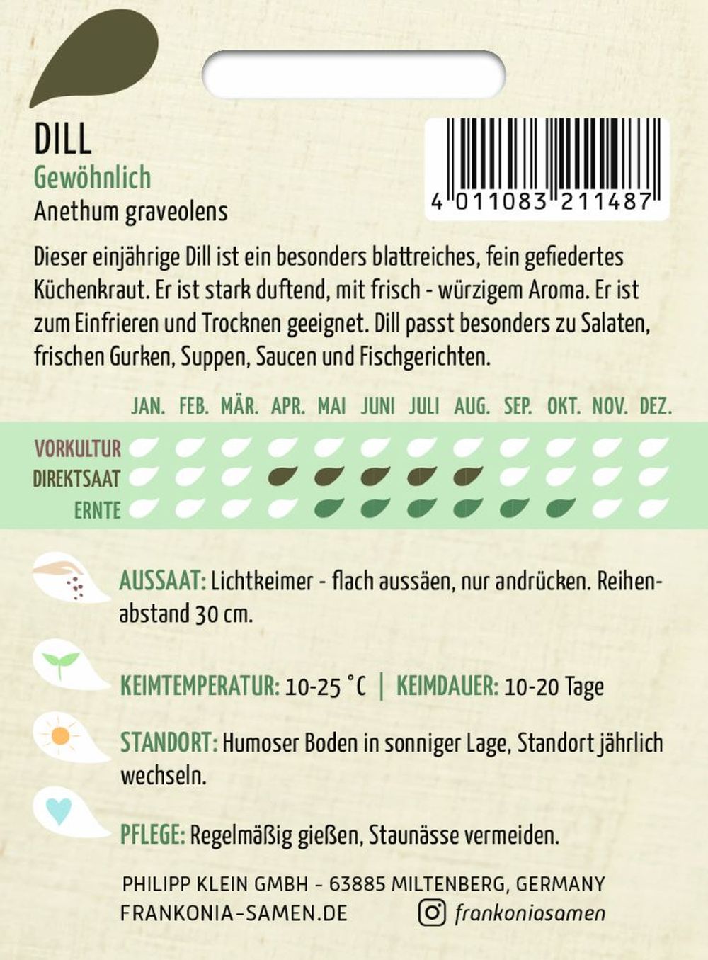 Rückseite der Verpackung des Saatgutes Dill, Gewöhnlich der Firma Frankonia Samen von ihrgartenberater.de