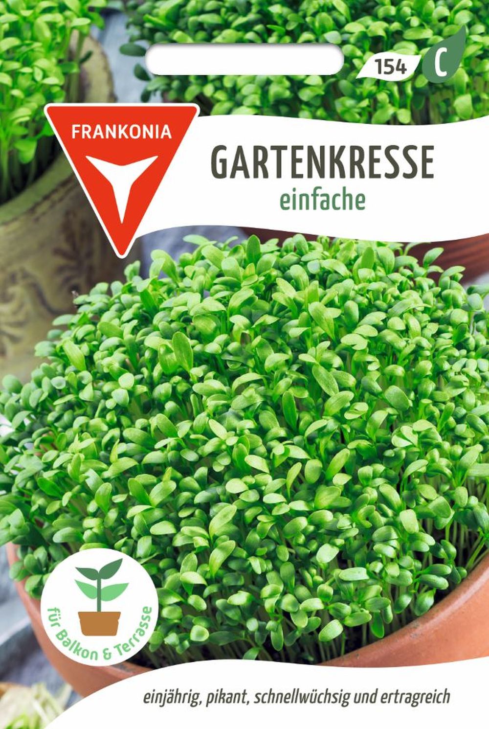 Vorderseite der Verpackung des Saatgutes Gartenkresse, einfache, Kleinpackung der Firma Frankonia Samen von ihrgartenberater.de