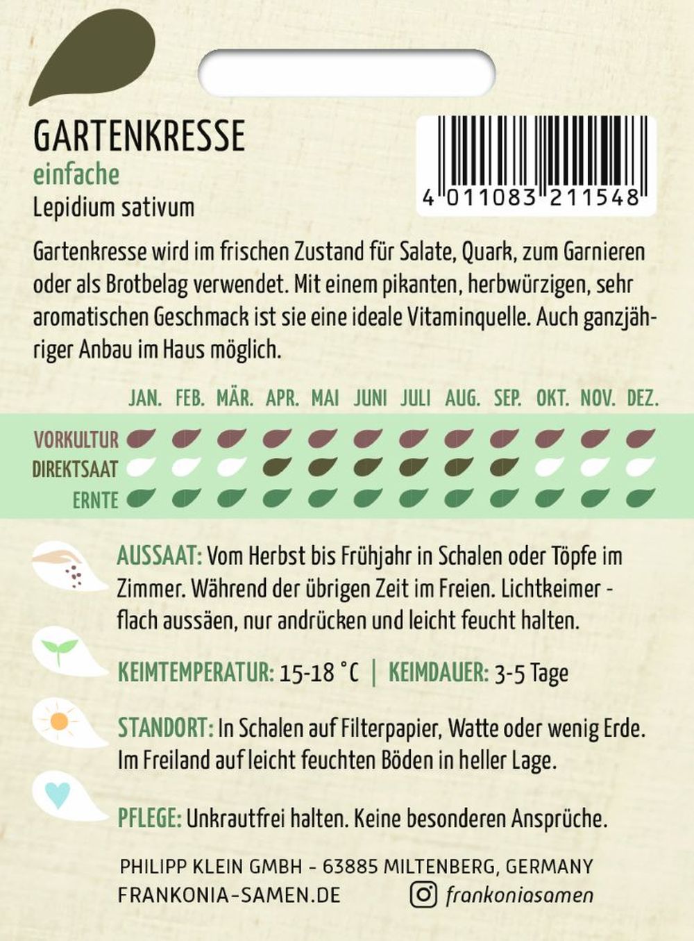 Rückseite der Verpackung des Saatgutes Gartenkresse, einfache, Kleinpackung der Firma Frankonia Samen von ihrgartenberater.de