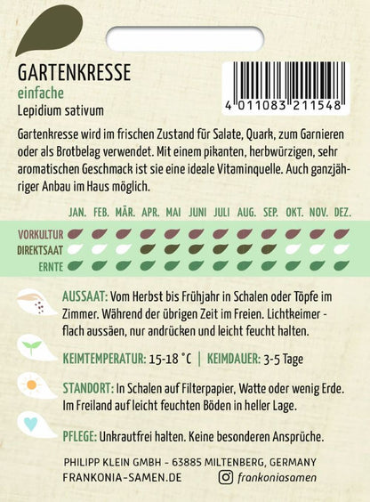 Rückseite der Verpackung des Saatgutes Gartenkresse, einfache, Kleinpackung der Firma Frankonia Samen von ihrgartenberater.de