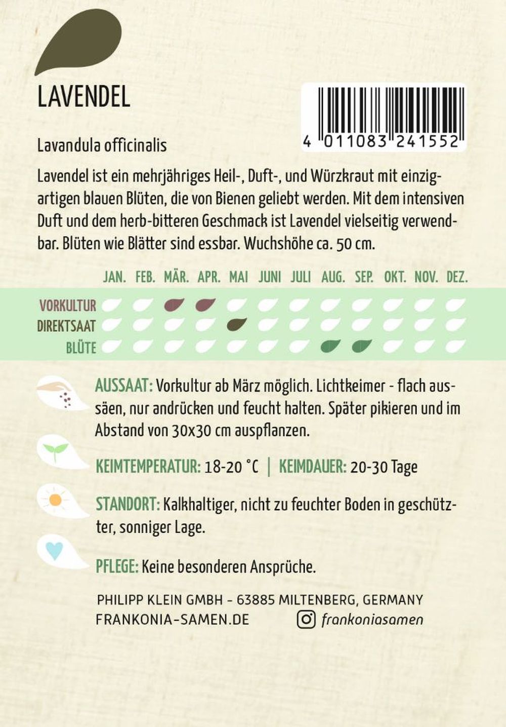 Rückseite der Verpackung des Saatgutes Lavendel der Firma Frankonia Samen von ihrgartenberater.de