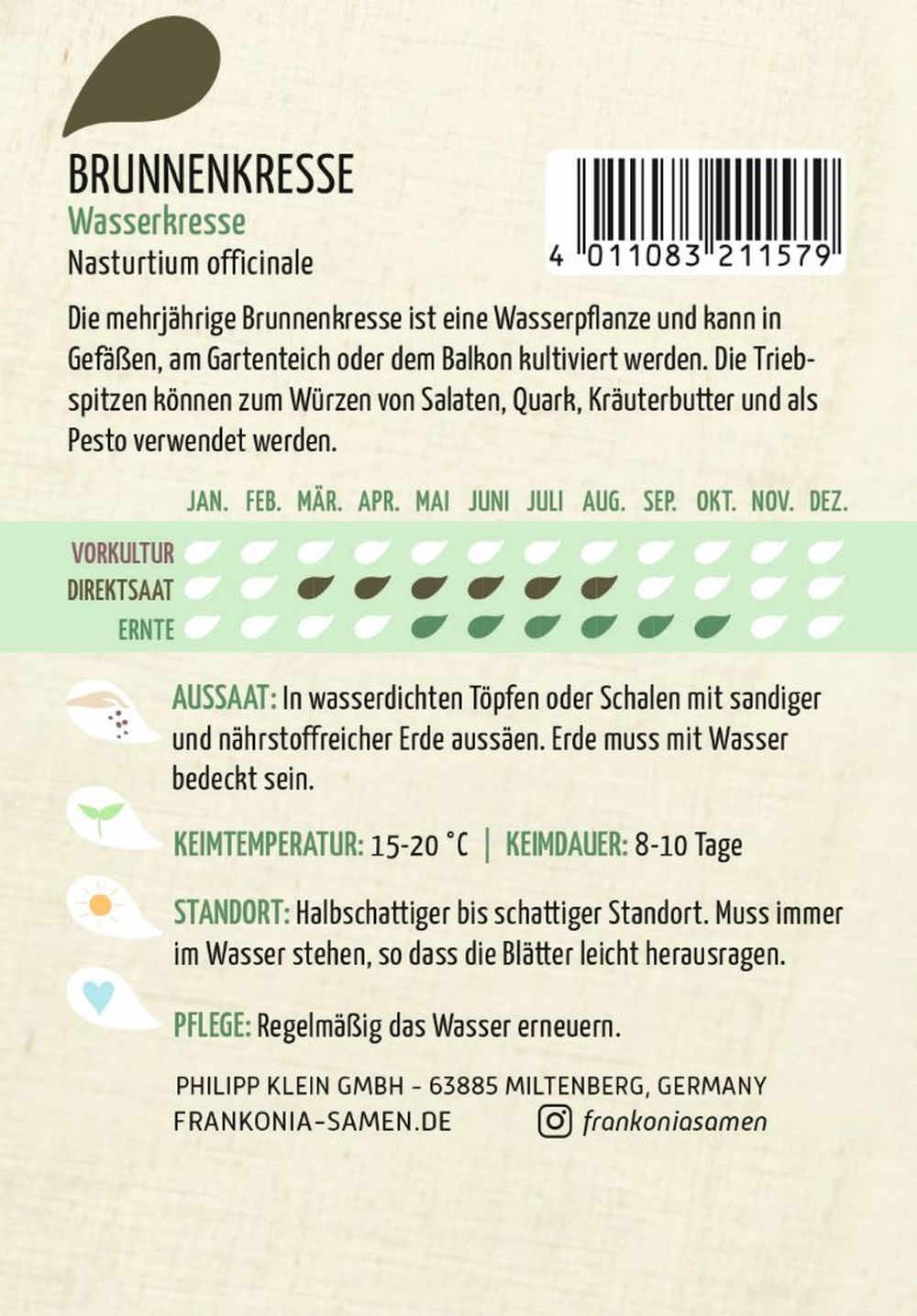 Rückseite der Verpackung des Saatgutes Brunnenkresse, Wasserkresse der Firma Frankonia Samen von ihrgartenberater.de