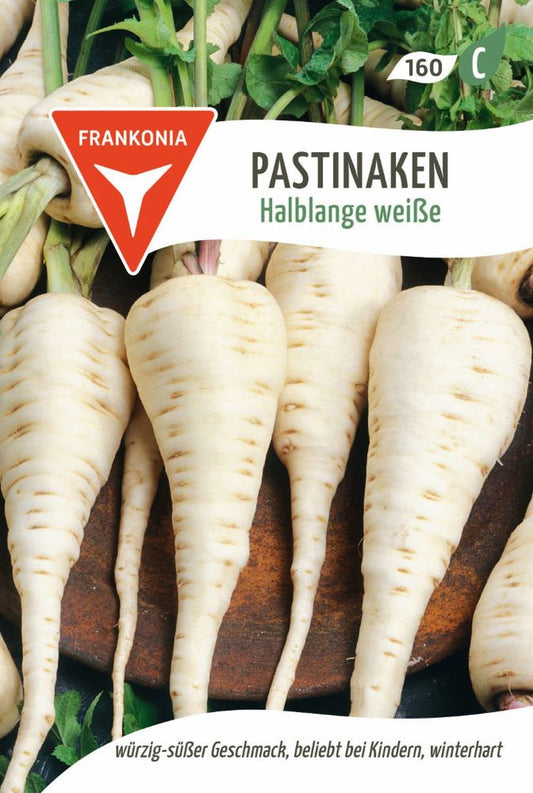 Vorderseite der Verpackung des Saatgutes Pastinaken, Halblange weiße der Firma Frankonia Samen von ihrgartenberater.de