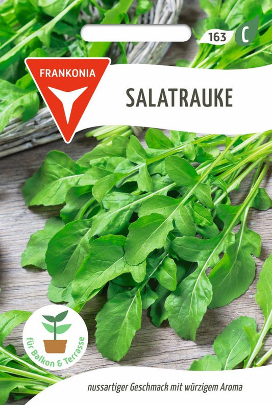 Vorderseite der Verpackung des Saatgutes Salatrauke, Rucola der Firma Frankonia Samen von ihrgartenberater.de