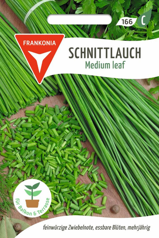 Vorderseite der Verpackung des Saatgutes Schnittlauch, Medium leaf der Firma Frankonia Samen von ihrgartenberater.de