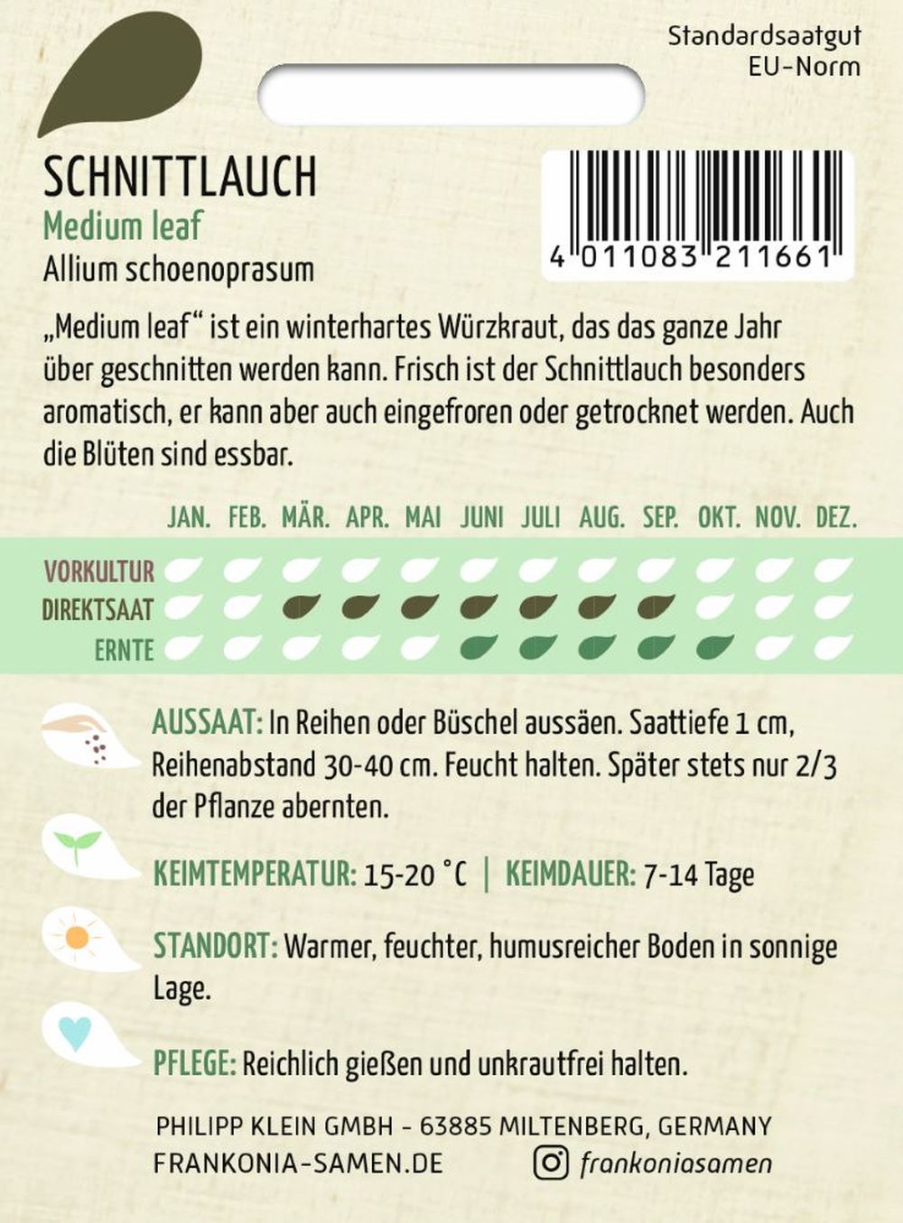 Rückseite der Verpackung des Saatgutes Schnittlauch, Medium leaf der Firma Frankonia Samen von ihrgartenberater.de