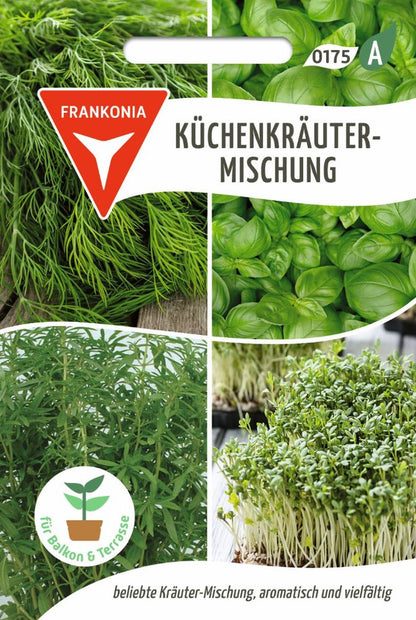 Vorderseite der Verpackung des Saatgutes Küchenkräuter-Mischung der Firma Frankonia Samen von ihrgartenberater.de