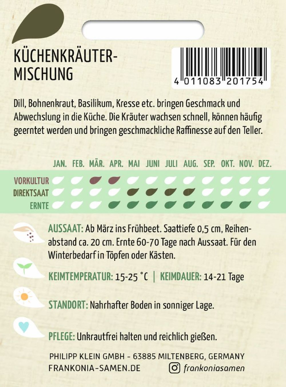 Rückseite der Verpackung des Saatgutes Küchenkräuter-Mischung der Firma Frankonia Samen von ihrgartenberater.de