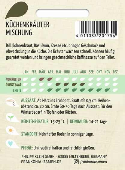 Rückseite der Verpackung des Saatgutes Küchenkräuter-Mischung der Firma Frankonia Samen von ihrgartenberater.de