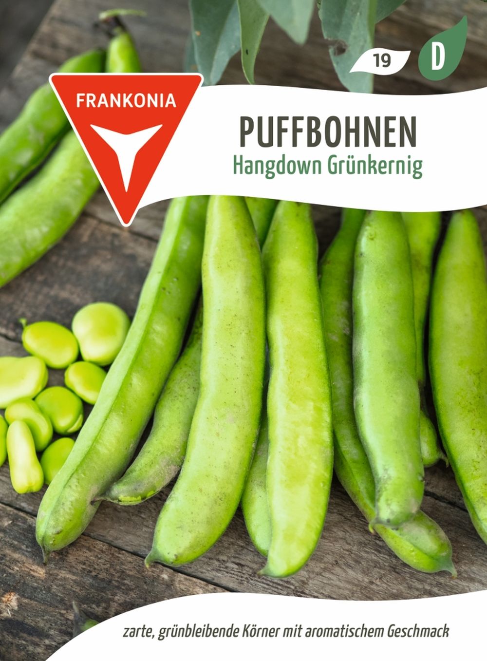 Vorderseite der Verpackung des Saatgutes Puffbohne, Hangdown Grünkernig der Firma Frankonia Samen von ihrgartenberater.de