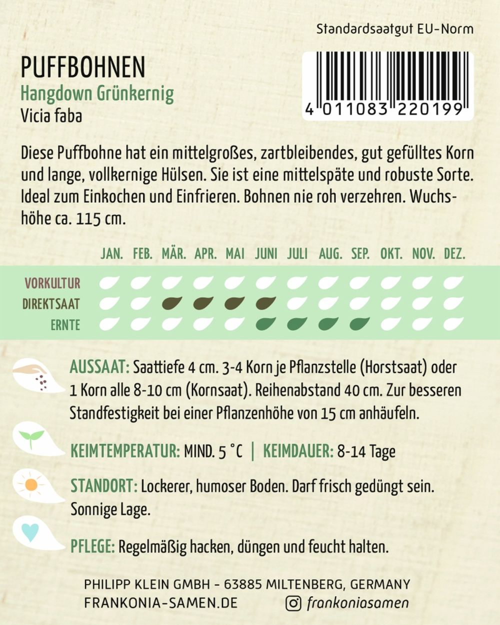 Rückseite der Verpackung des Saatgutes Puffbohne, Hangdown Grünkernig der Firma Frankonia Samen von ihrgartenberater.de