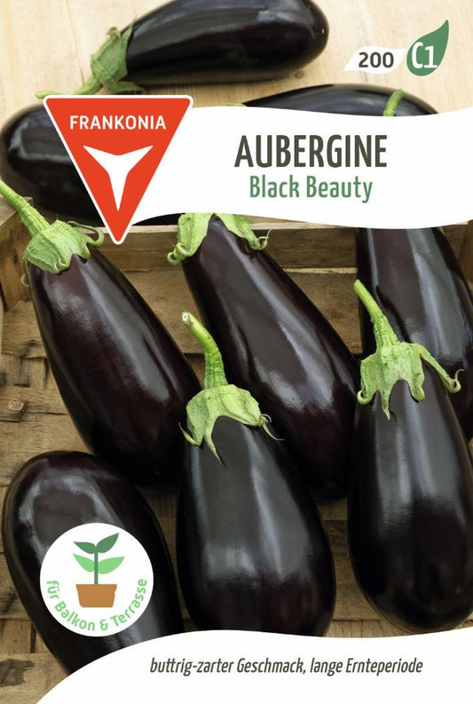 Vorderseite der Verpackung des Saatgutes Aubergine, Black Beauty der Firma Frankonia Samen von ihrgartenberater.de