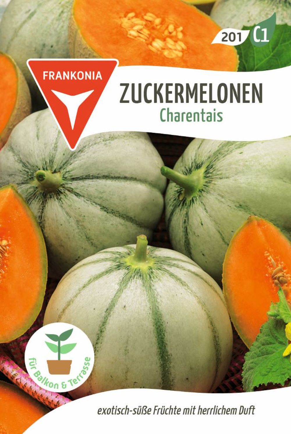 Vorderseite der Verpackung des Saatgutes Zuckermelone, Charentais der Firma Frankonia Samen von ihrgartenberater.de