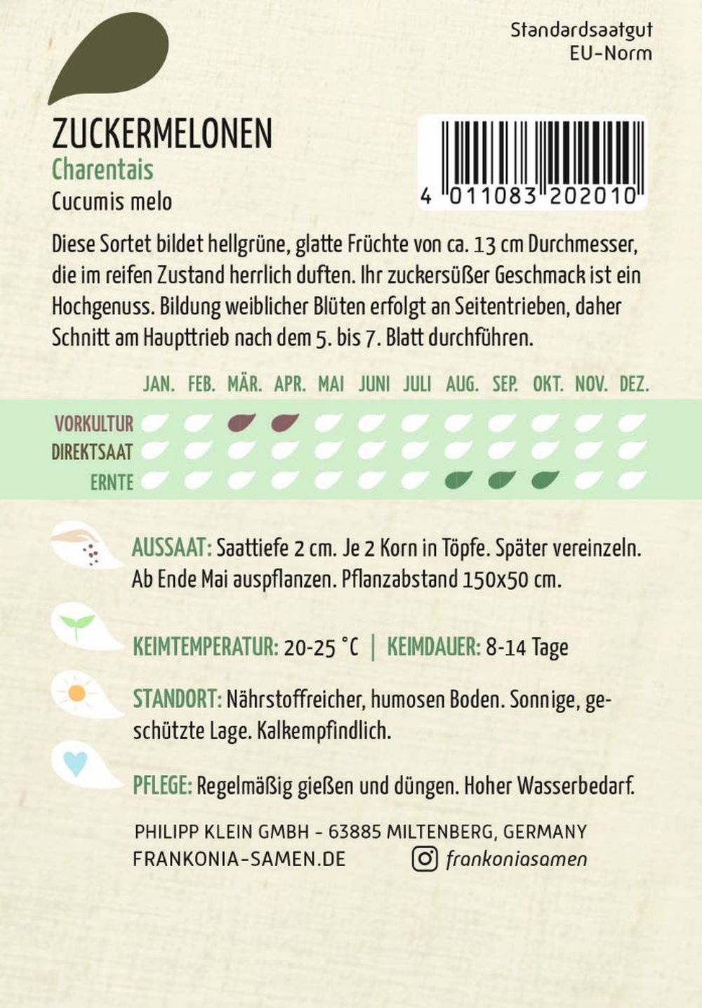 Rückseite der Verpackung des Saatgutes Zuckermelone, Charentais der Firma Frankonia Samen von ihrgartenberater.de