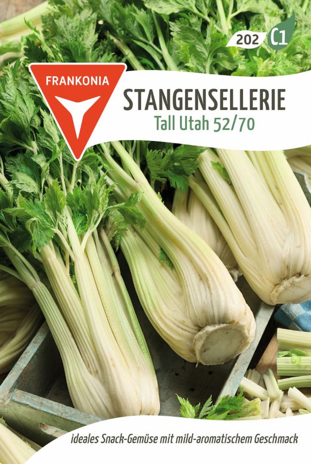 Vorderseite der Verpackung des Saatgutes Stangensellerie, Tall Utah der Firma Frankonia Samen von ihrgartenberater.de