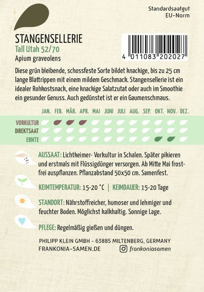 Rückseite der Verpackung des Saatgutes Stangensellerie, Tall Utah der Firma Frankonia Samen von ihrgartenberater.de