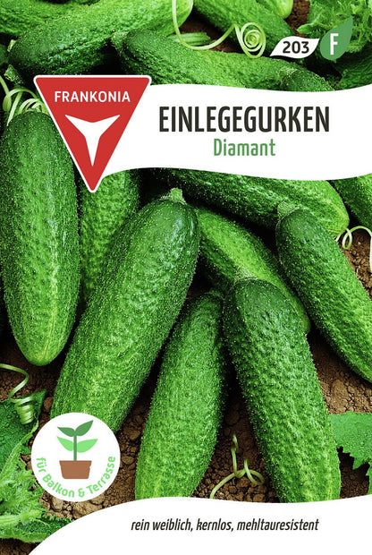 Vorderseite der Verpackung des Saatgutes Einlegegurke, Diamant F1 der Firma Frankonia Samen von ihrgartenberater.de