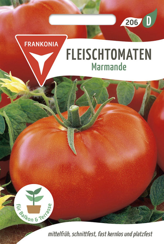 Vorderseite der Verpackung des Saatgutes Fleischtomate, Marmande der Firma Frankonia Samen von ihrgartenberater.de