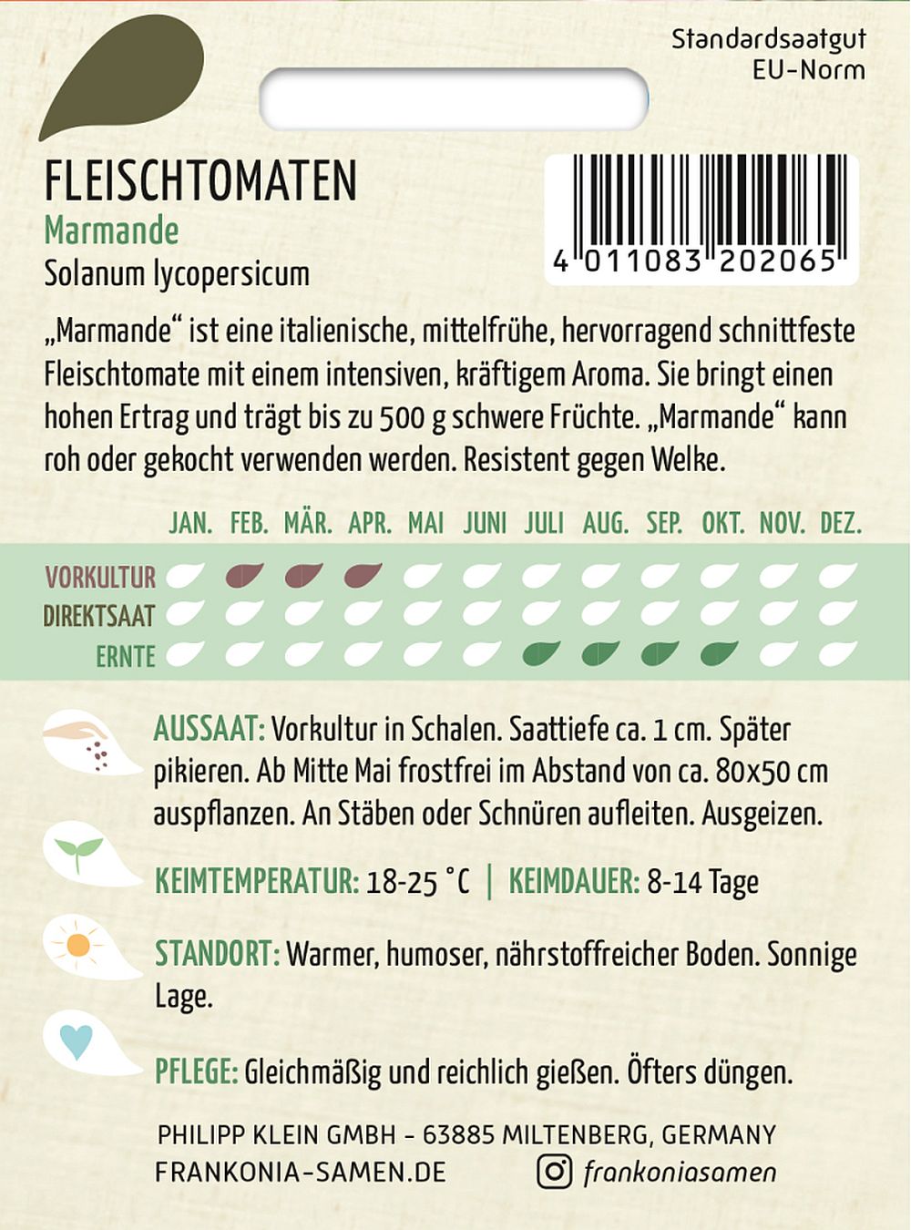 Rückseite der Verpackung des Saatgutes Fleischtomate, Marmande der Firma Frankonia Samen von ihrgartenberater.de