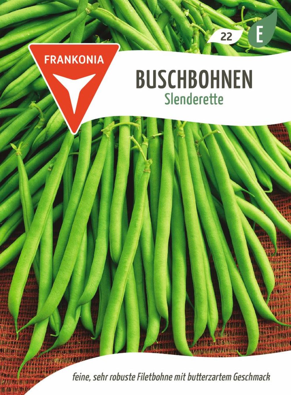 Vorderseite der Verpackung des Saatgutes Buschbohnen, Slenderette der Firma Frankonia Samen von ihrgartenberater.de