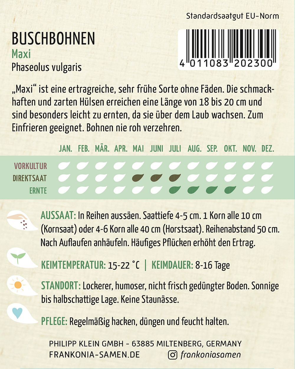 Rückseite der Verpackung des Saatgutes Buschbohne, Maxi der Firma Frankonia Samen von ihrgartenberater.de