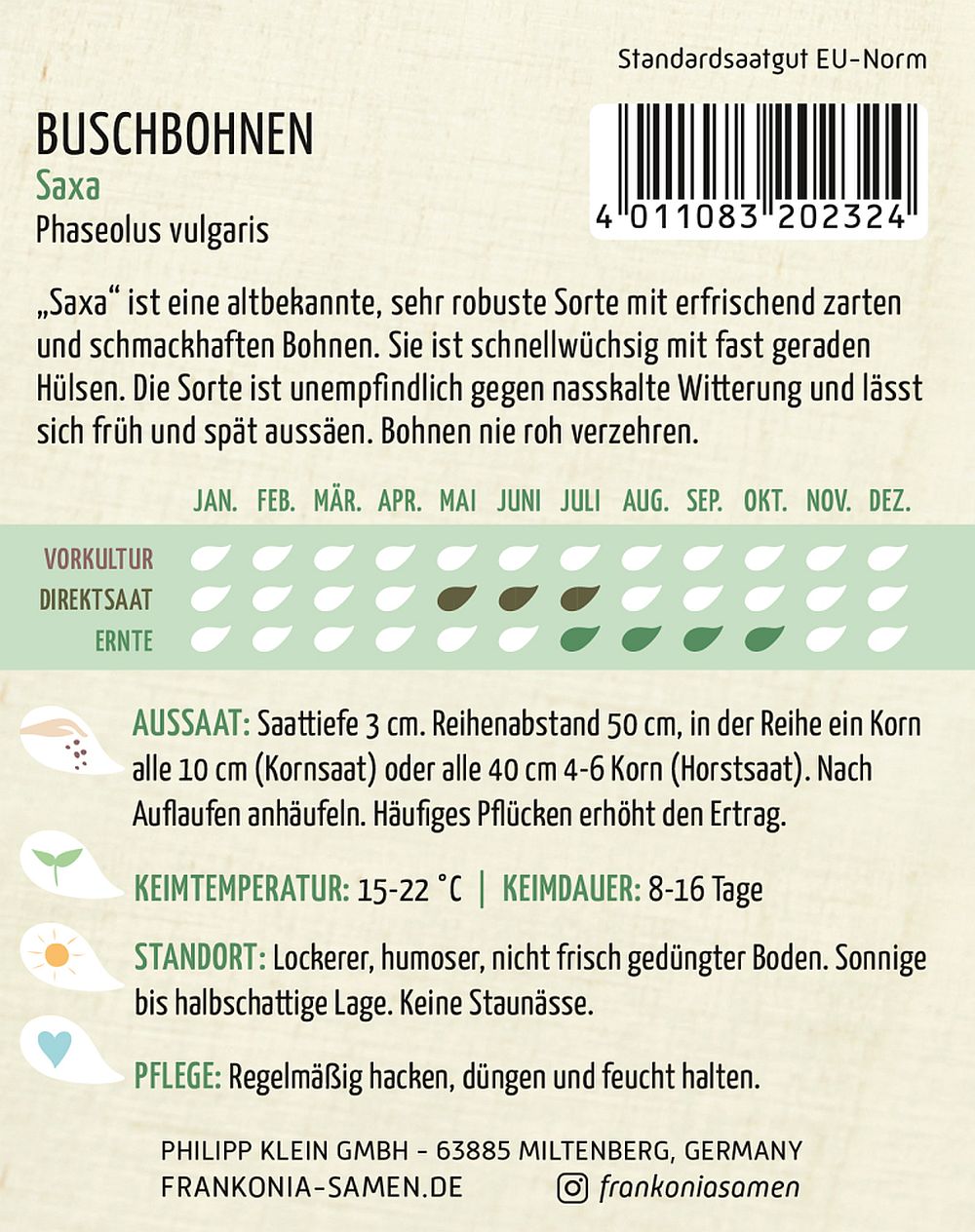 Rückseite der Verpackung des Saatgutes Buschbohne, Saxa der Firma Frankonia Samen von ihrgartenberater.de